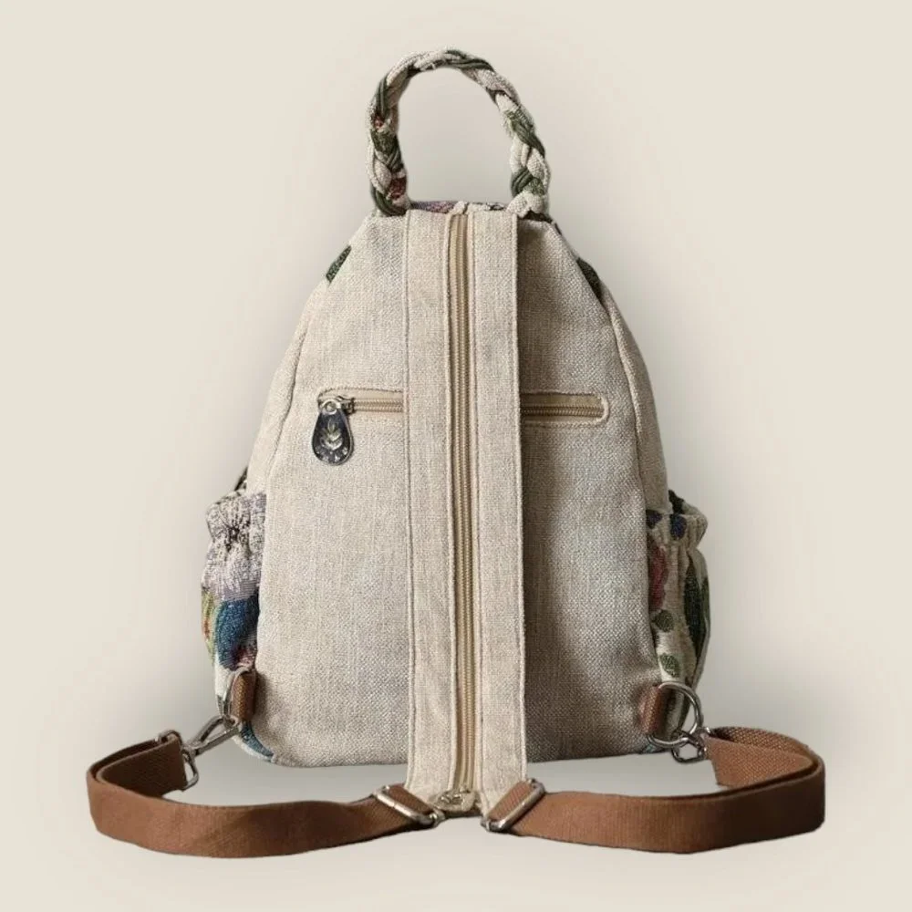 Like New Floral Embroidered Linen Mini Backpack in Natural